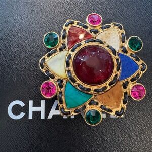 Chanel CC Vintage Byzantine Star Gripoix Agate Brooch Leather 95A Auth